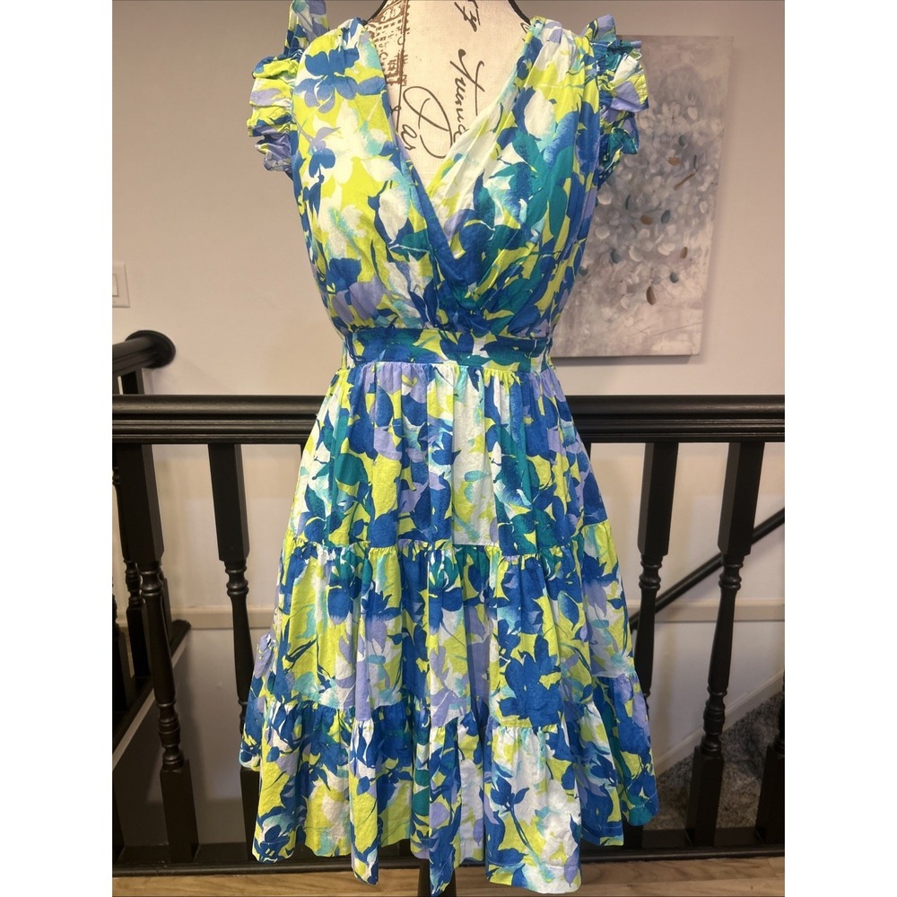 Taylor Blue‎ Floral Printed A-Line V-Neck Dress Size XS